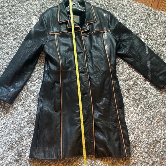 Black with Tan Trim Long Leather Jacket - Picture 13 of 14